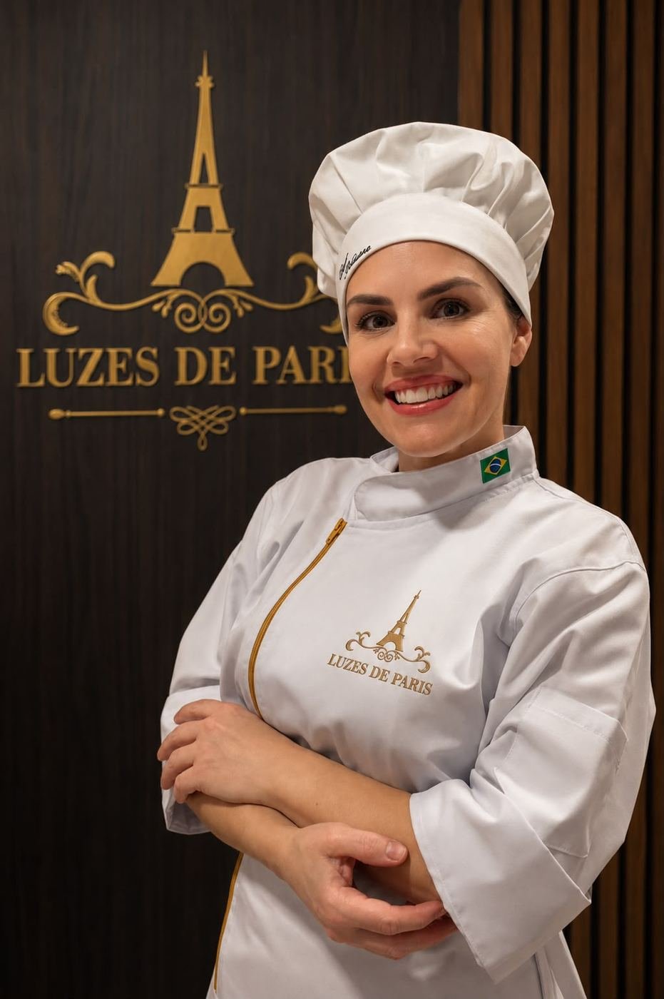 Chef Poliana Mendes, do restaurante Luzes de Paris, em frente ao logotipo da casa