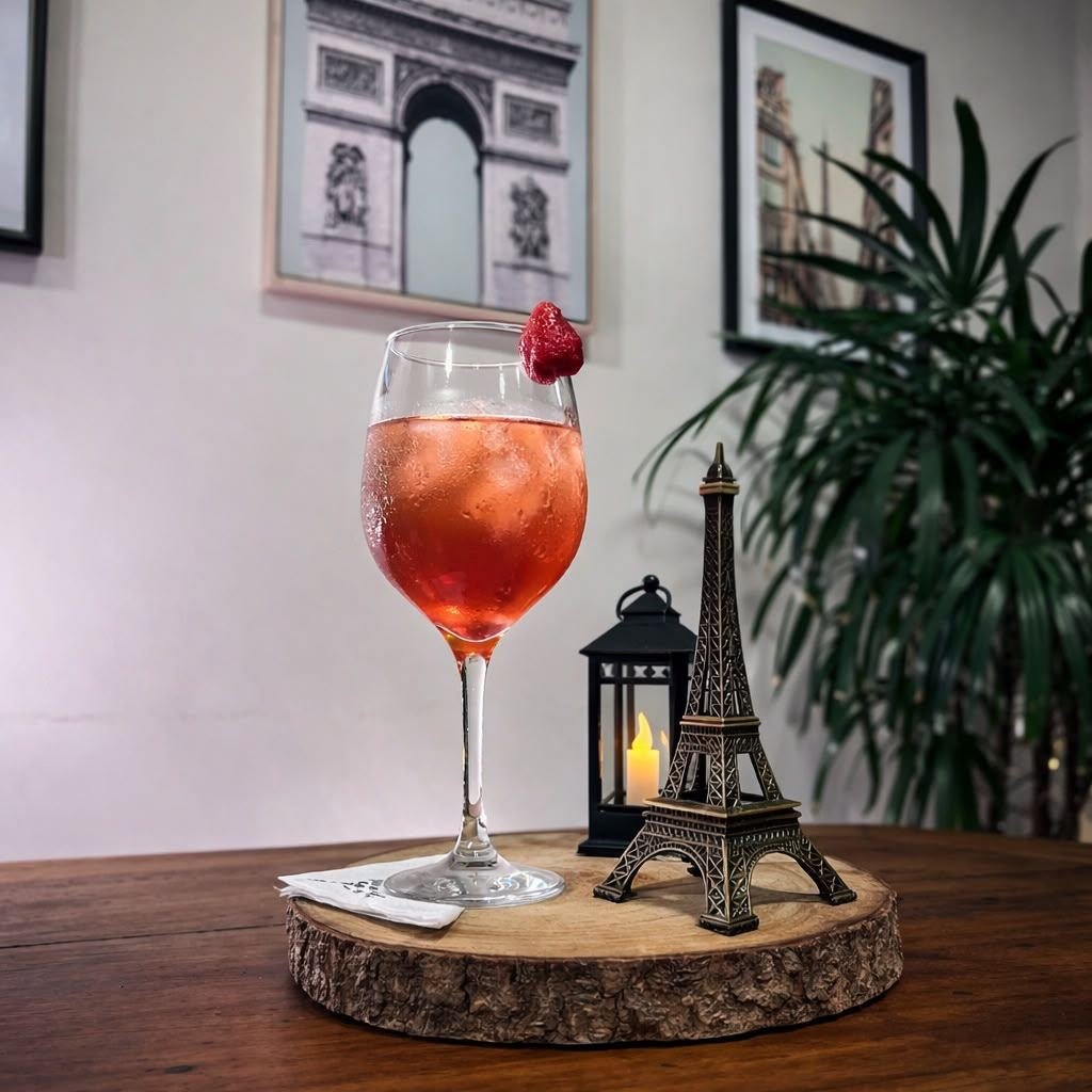 Drink spritz rosé com morango, servido em taça de vinho
