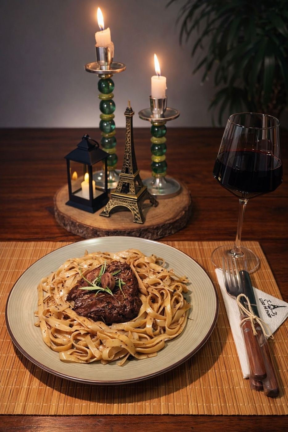 Filet Mignon com talharim ao pesto, creme bechamel e parmesão
